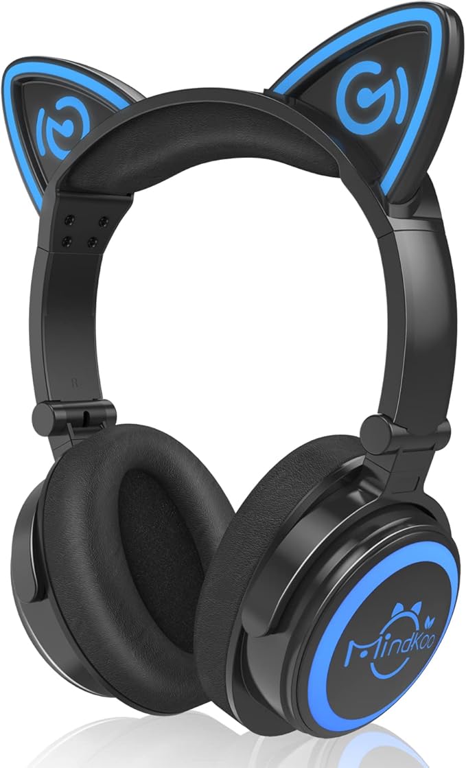 Cat Ear Bluetooth Headphones with Microphone, LED Light Up Over Ear Headphones, Volume Control and Foldable Headset for Tablet/PC/iPad/Cell Phones, Gift for Kids Boys & Girls