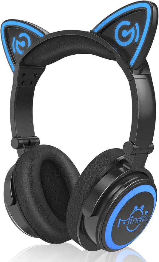 Cat Ear Bluetooth Headphones with Microphone, LED Light Up Over Ear Headphones, Volume Control and Foldable Headset for Tablet/PC/iPad/Cell Phones, Gift for Kids Boys & Girls
