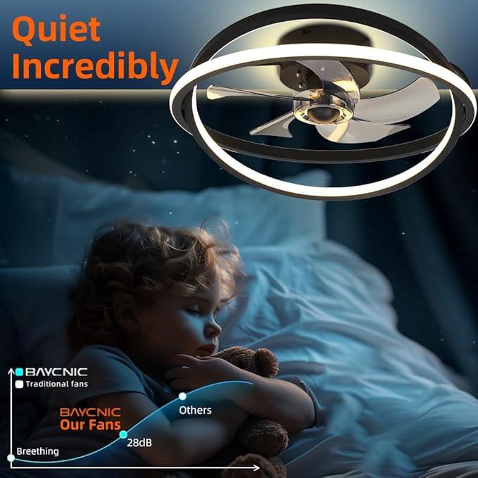 Ceiling Fan with LED Light,Low Profile Ceiling Fans, Flush Mount Modern Ceiling Fans,Fandeliers Ceiling Fan Fixture with App&Remote Control, for Bedroom/Kitchen/Small Room,Black