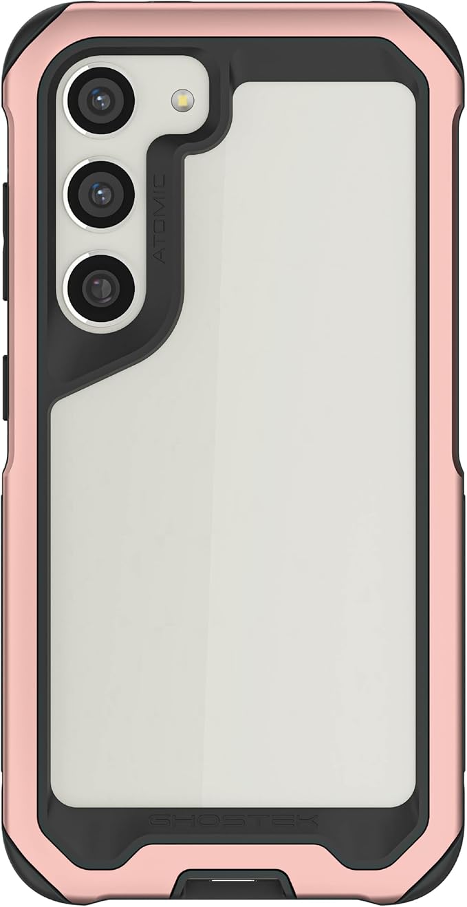 Ghostek ATOMIC slim Galaxy S23 Case for Women Girls with Clear Back and Lightweight Aluminum Bumper for Heavy Duty Protection Protective Phone Cover Designed for 2023 Samsung Galaxy S23 (6.1in) (Pink)