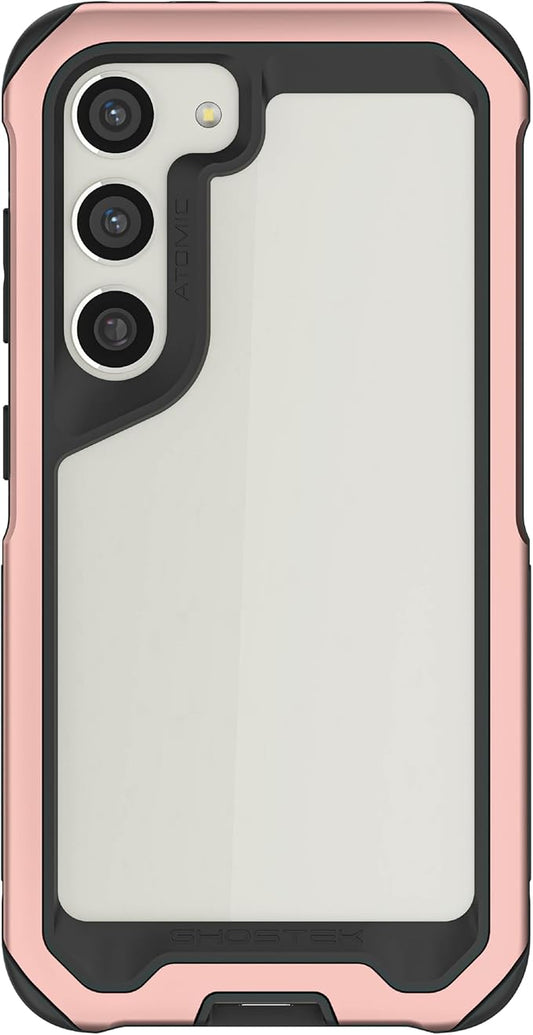 Ghostek ATOMIC slim Galaxy S23 Case for Women Girls with Clear Back and Lightweight Aluminum Bumper for Heavy Duty Protection Protective Phone Cover Designed for 2023 Samsung Galaxy S23 (6.1in) (Pink)