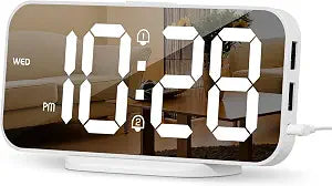 ALANAS Slim Digital Alarm Clock, Big Mirror Display with Dual USB Charger Ports, Dual Alarms, Snooze, 4-Level Adjustable Dimmer, for Bedroom, Office, Desk, Dorm, College Students, Home