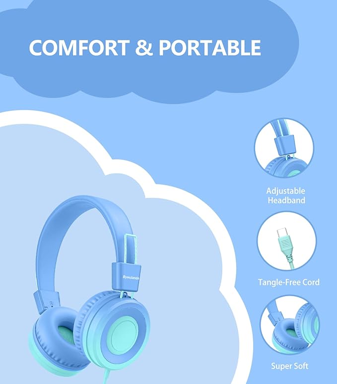 USB Type C Kids Headphone for School, 94dB Safe Volume Limited, Foldable Stereo Sound Tangle-Free Type C Cord, On-Ear Headphones for Boys/Girls/Students/Tablet/Travel(Gradient Blue)