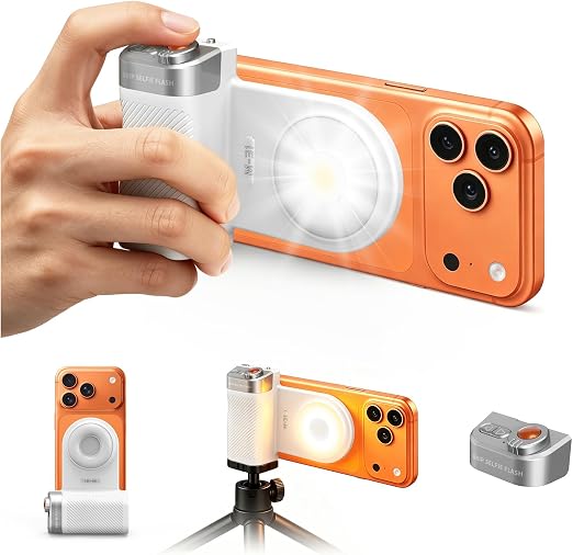 yAyusi Phone Selfie Grip with Light+Flash, Magnetic Phone Camera Grip with Detachable Shutter Remote, Adjustable LED Magnetic Selfie Light for Selfies/Photography/TikTok/Creators/Video