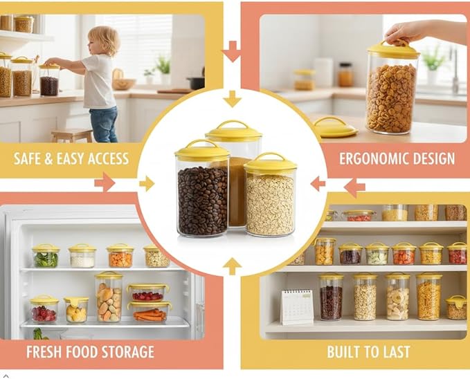 Food Storage Containers, BPA Free Airtight Canisters for Cereal, Pasta, Sugar, Coffee, Flour, Cookies, Loose Tea, for Kitchen Organization Set of 3 Lemon by Reston Lloyd