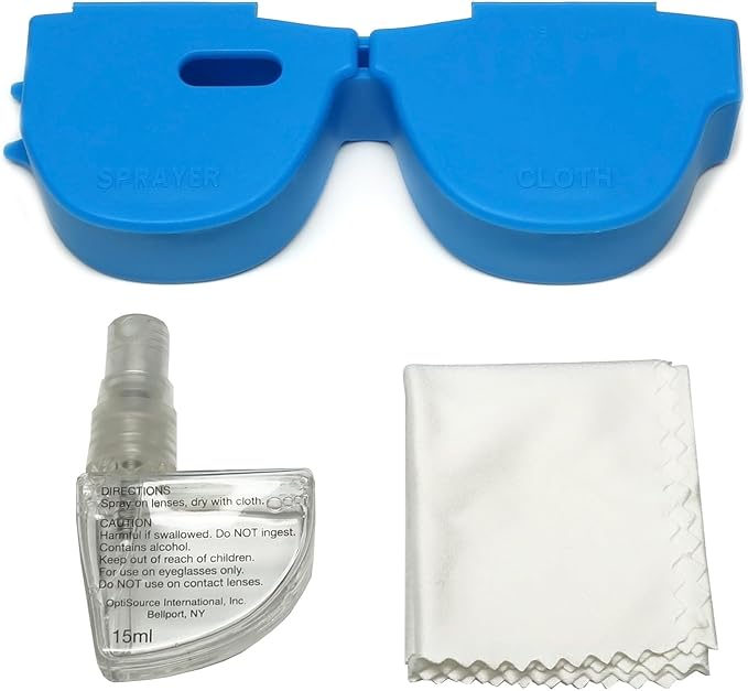 Calabria Kool Klean 4 Pack Eyeglasses Lens Cleaner Kit Blue/Black 15ml Cleaning Spray, White Cleaning Cloth Eyewear Cleaning