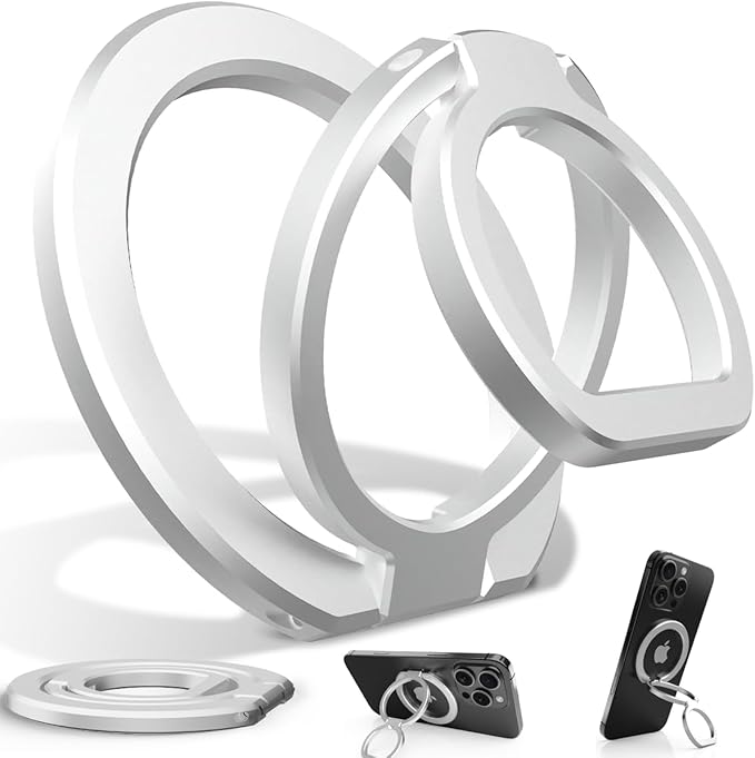 Phone Grip for MagSafe,360°& 180°Rotation Magnetic Phone Ring Holder with Kickstand,Dual-Ring Thin Phone Stand for 17/16/15/14/13/12 Series-Silver