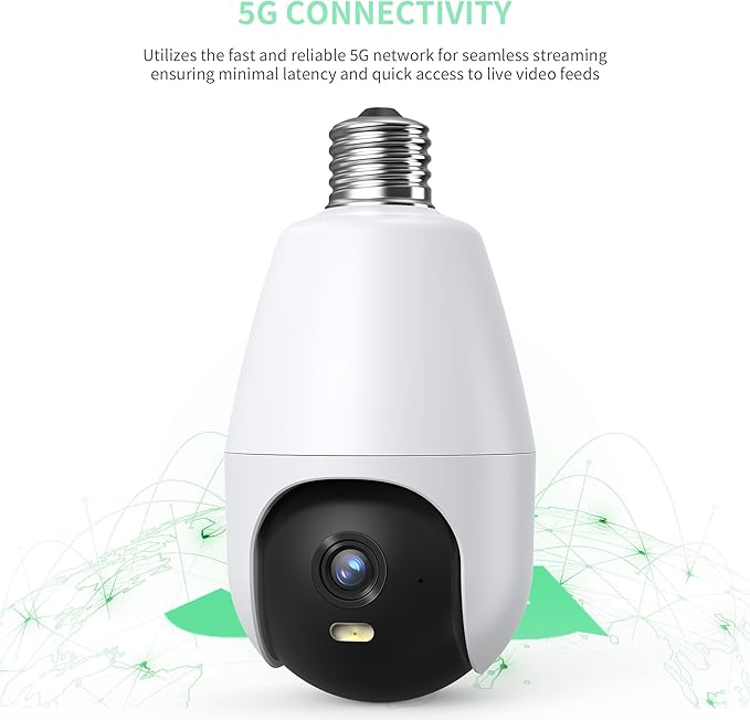 2K HD WiFi Light Socket Security Camera, 5G/2.4G Dual Band, Weatherproof, Auto Tracking, Full Color Outdoor Home Security Light Bulb Camera