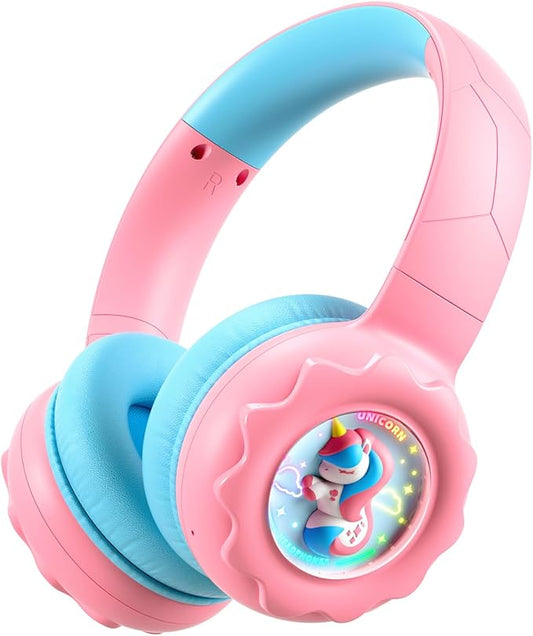 Kids Bluetooth Headphones, Rainbow LED Light, Unicorn Buddy, 85dB Volume Limited, 60 Hours Playtime, Bluetooth 5.3, USB C, Kids Wireless Headphones for iPad/Tablet/Travel/School, Durable