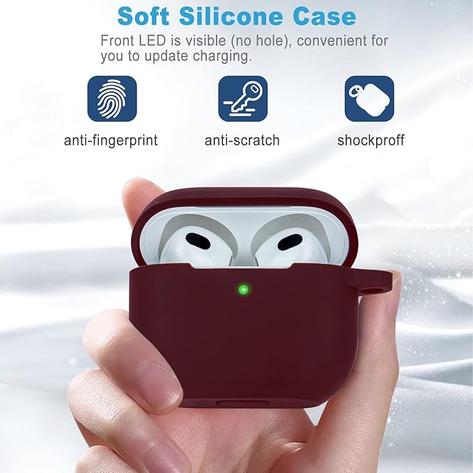 Silicone Compatible with AirPods 3 Case 2021, Gawnock Soft Case Compatible with AirPods 3rd Generation Cover for Women Girls with Keychain - Burgundy