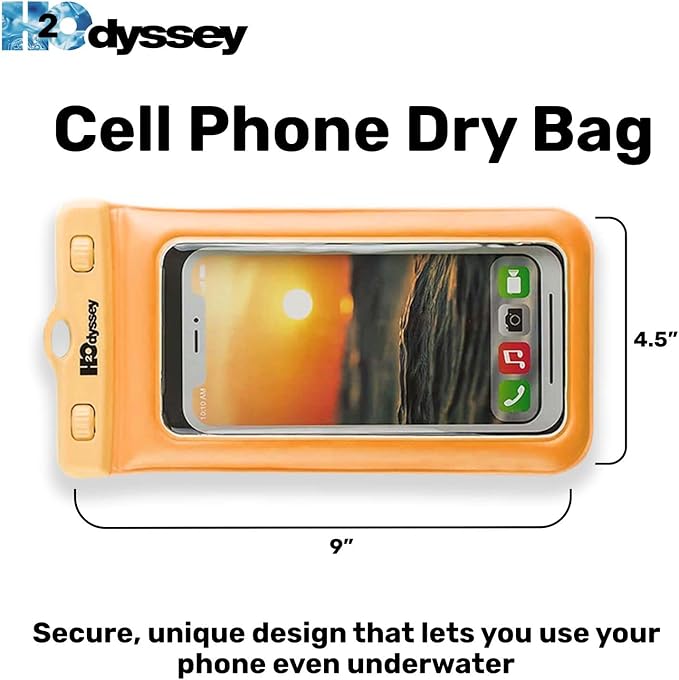 H2ODYSSEY Waterproof Phone Case and Lanyard - Excellent Waterproof Protection - Floats in The Water -Lanyard for Beach Kayak Travel - Universal Size - Orange