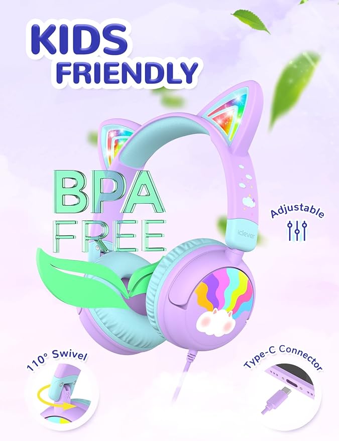 iClever Kids Headphones USB C, LED Light Up, 85dBA Safe Volume, Stereo Sound Toddler Headphones for Travel School, Kids Headphone with Cord for iPad Tablets, Meow Lollipop-Purple