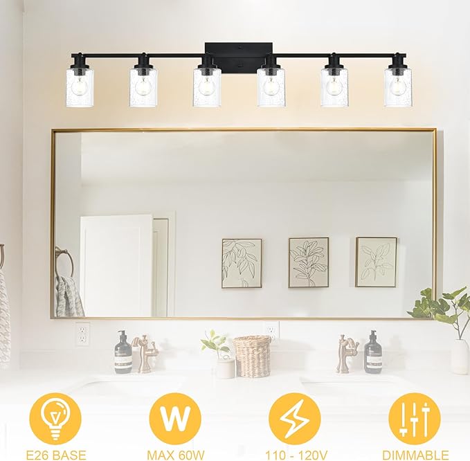 6-Light Black Track Lighting Kit Ceiling Mount Kitchen Track Lighting Fixtures, Bathroom Ceiling Tracking Vanity Light with Bubble Seeded Glass Shade & Rotatable Tracking Heads for Accent Shop