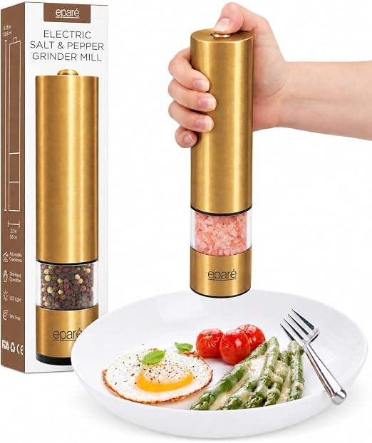 Eparé Electric Gold Salt or Pepper Grinder - Battery-Operated Pepper Mill