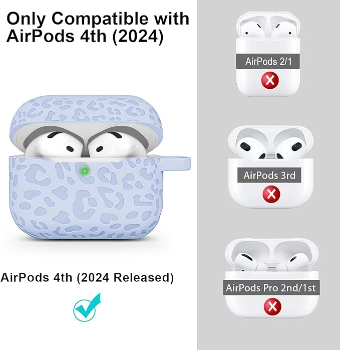 Engraved Leopard Case Compatible with AirPods 4th Generation Cover with Keychain, Skin Soft Cover for Compatible with AirPods 4 Case Full Protection,Front LED Visible, Denim Blue