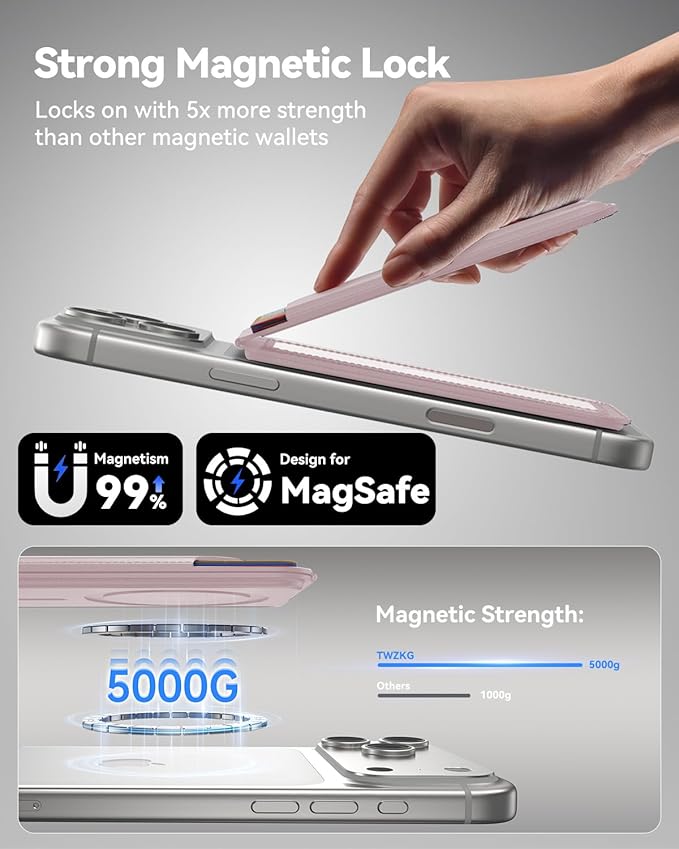 for MagSafe Wallet, 5 Cards Holder with Stand, Magnetic Phone Wallet Stand for iPhone 17/16/15/14/13/12 Pro Max Air Plus Series, RFID Blocking Vegan Leather,Pink