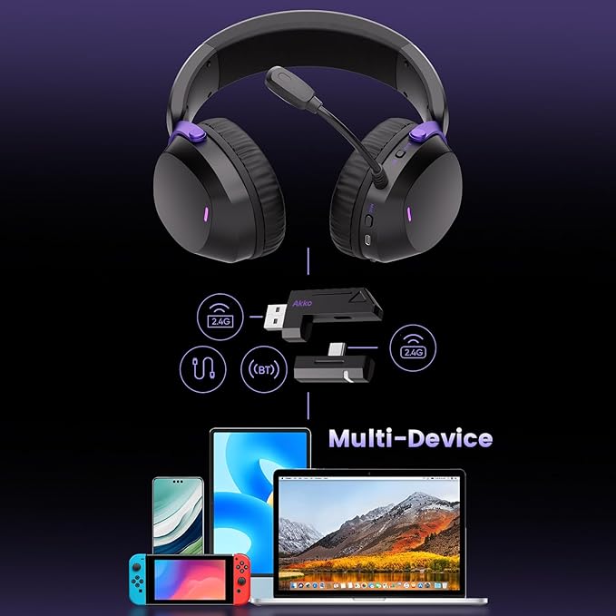Akko GH300 Wireless Gaming Headphone, Quad-Mode Connectivity Black Headset with 50mm Drivers, Virtual 7.1 Surround Sound, Noise Cancelling Mic, RGB Lights Compatible with Laptop, Desktops