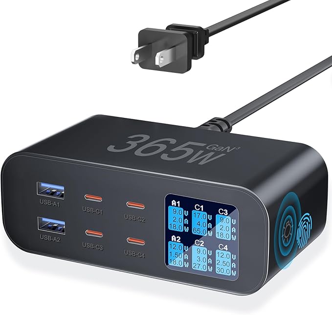 USB C Charger 6-Port with LED Display Adjustable Brightness, USB Charging Station GaN Multiport Fast Charger PD 100w 65W QC 3.0 Support PPS Compatible with MacBook iPhone Samsung, Black