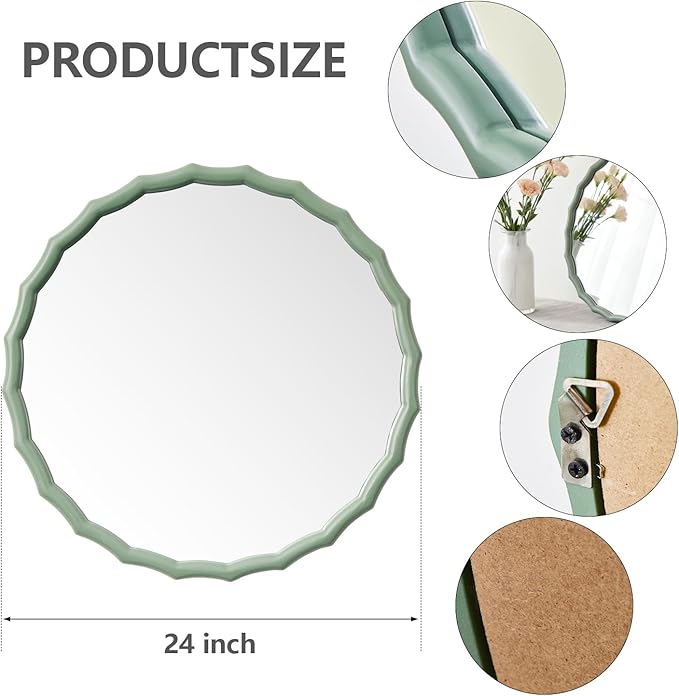 24" Green Scalloped Circle Mirror, Round Wavy Edge Mirror, Farmhouse Wood Frame Vanity Mirror Decorative for Bathroom Bedroom Living Room Home House Office Entryway