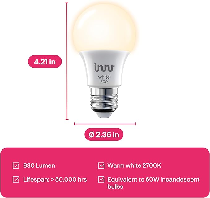 innr Smart Light Bulbs, A19 Zigbee, Works with Philips Hue* and Alexa (Bridge Required), Soft White Light Bulb, Dimmable, E26 LED Bulb 60 Watt, Warm White, 830lm, 2-Pack