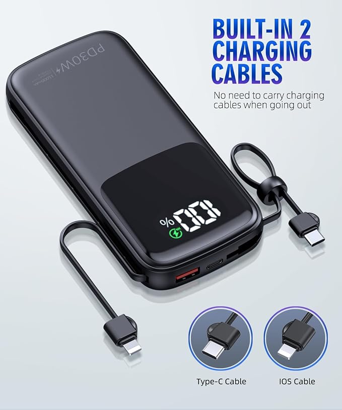 Portable-Charger-Power-Bank - 15000mAh Power Bank Supports PD 30W Fast Charging Built-in AC Wall Plug and 2 Output Cables with LED Display for iPhone iPad and Most Electronic Devices(Black)