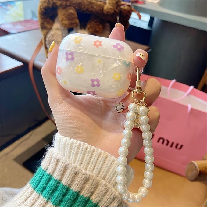 for Cute Glitter Airpods Pro/Pro 2 Gen Case with Cleaner Pen, Shell Pattern iPod Pro 2nd/1st Generation Cover Protective Skin Girl Women with Luxury Pearl Keychain 2023/2022/2019 - Flower