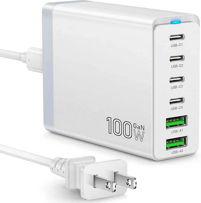 Fast USB C Charging Station,Total 100W 6-Port Charger Block with 4 USB-C and 2 USB-A Ports Quick 3.0 Adapter Hub for iPhone 15 14 13 12 Pro Max, iPad, Galaxy, Pixel Portable Multiport Hub (White)
