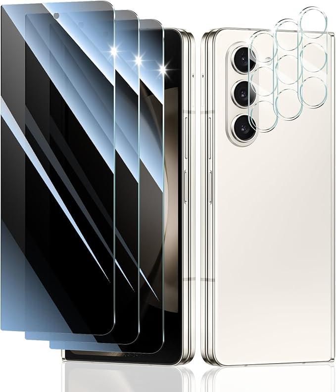 Privacy Screen & Camera Lens Protector for Samsung Galaxy Z Fold5, Double Shatterproof Anti-Spy Tempered Glass, Private Black Protection, 9H Hardness Anti-Scratch Case-Friendly, 3 Pack Each