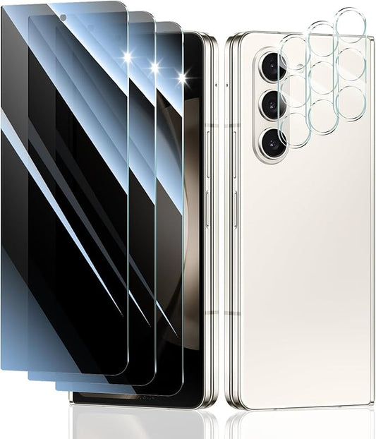 Privacy Screen & Camera Lens Protector for Samsung Galaxy Z Fold5, Double Shatterproof Anti-Spy Tempered Glass, Private Black Protection, 9H Hardness Anti-Scratch Case-Friendly, 3 Pack Each