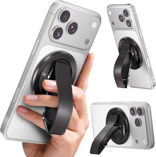 for MagSafe Phone Grip, Magnetic Phone Grip with Silicone Finger Strap & Dual-axis Adjustable Kickstand, Magnetic Phone Stand Ring Holder for Mag Safe iPhone 17/16/15/14/13/12 Series, Black