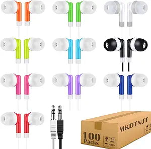 100 Pack Bulk Earbuds for Kids School Classroom,Student Wired Headphones with 3.5 mm Jack Multi Colored Earphones for Computer Chromebook Laptop PC (HTC101)