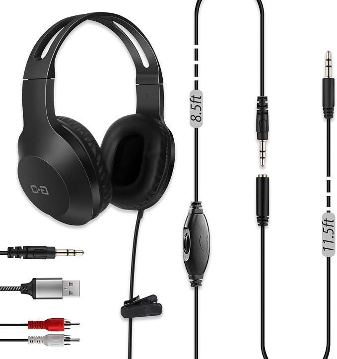 20Ft Extra Long Cord Headphones for TV with 3.5mm AUX, RCA & USB Connection