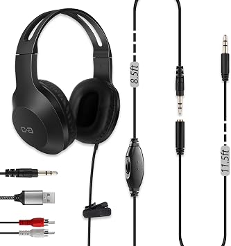 20Ft Extra Long Cord Headphones for TV with 3.5mm AUX, RCA & USB Connection