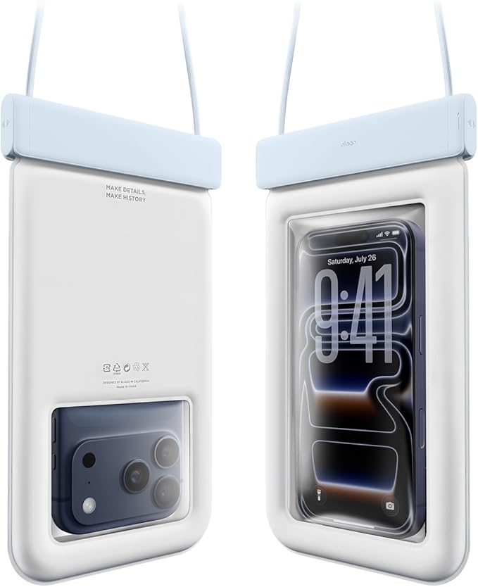 elago Waterproof Phone Pouch for iPhone 16/15/14/13/12/11 Series, Galaxy S25/S24/S23/S22/S21 Series - Underwater Screen Touchable Dry Bag, Dual Zipper Lock, with Card Pocket (Light Blue) [2 Pack]