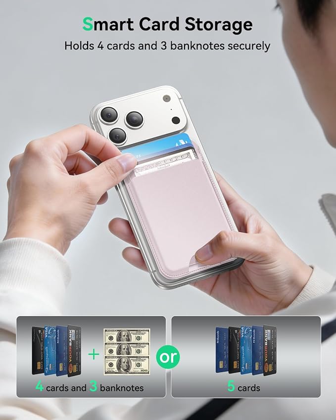 for MagSafe Wallet with Stand, 5 Card Holder, Slim Leather Magnetic Wallet for iPhone 17/16/15/14/13/12 Pro Max Plus Air Series, 3 Card Slots & 1 Cash Slot,Pink