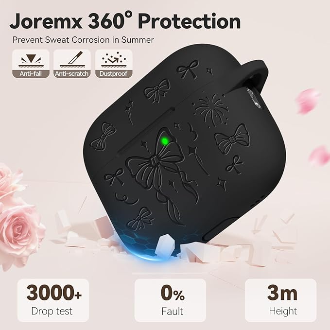 for Airpods Pro 3 Case Cover, Joremx Cute Bow Engraved Silicone Protective Case Cover with Keychain, Cleaner Kit for Airpods Pro 3rd Generation (2025) (Black)