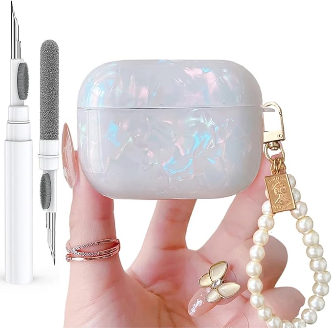 for Cute Glitter Airpods Pro/Pro 2 Gen Case with Cleaner Pen, Shell Pattern iPod Pro 2nd/1st Generation Cover Protective Skin Girl Women with Luxury Pearl Keychain 2023/2022/2019 - Colorful