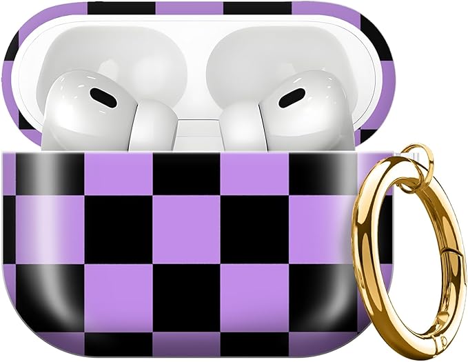 Compatible with AirPods Pro 3rd Generation 2025 Case Cover with Gold Keychain - Cute Protective Hard AirPod Pro 3 Cases for Women - Purple Black checkboard