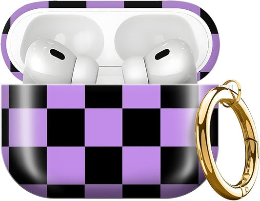 Compatible with AirPods Pro 3rd Generation 2025 Case Cover with Gold Keychain - Cute Protective Hard AirPod Pro 3 Cases for Women - Purple Black checkboard