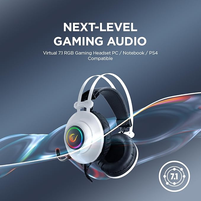 Rampage RM-K1 Pulsar 7.1 Virtual Surround Sound RGB Gaming Headset – 50mm Drivers, Flexible Microphone, Noise Isolation, Comfortable Over-Ear Design – USB Wired (White)