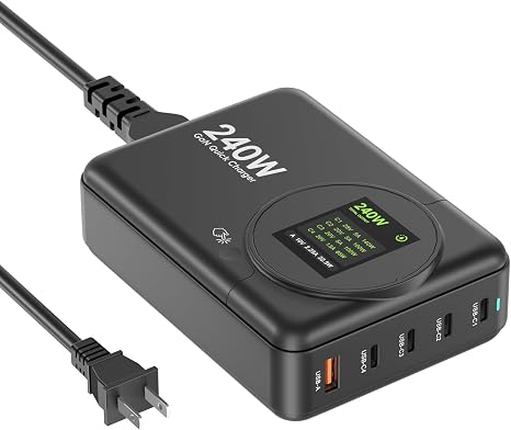 240W GaN Charger, 5-Port USB C Charger with 140W Max PD 3.1 Port, LED Display Desktop Charging Station Adapter for MacBook Pro/Air M3/M2/M1, Laptops, iPhone 17/16, Galaxy S24/S23, iPad, Steam Deck