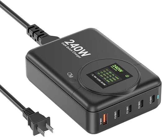 240W GaN Charger, 5-Port USB C Charger with 140W Max PD 3.1 Port, LED Display Desktop Charging Station Adapter for MacBook Pro/Air M3/M2/M1, Laptops, iPhone 17/16, Galaxy S24/S23, iPad, Steam Deck