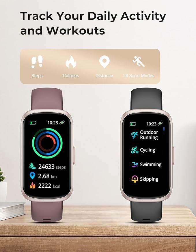 Fitness Tracker with 24/7 Heart Rate Monitor, Sleep Tracker - 3 ATM Waterproof Fitness Watch Calorie Step Counter Smart Watch Includes 3 Sport Bands for Android iOS Women Men, Mystic Rose/Black