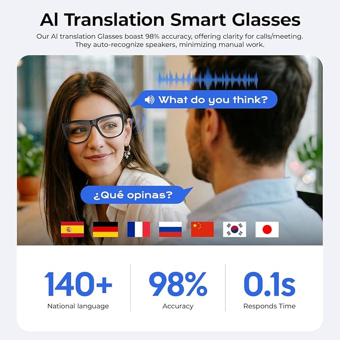 AI Smart Bluetooth Translation Glasses,Smart Glasses with 140+ Languages Online Translation and Color-Change Lens,Built-in Mic & Speakers,Anti-Blue Light Lens with Listening Voice Control