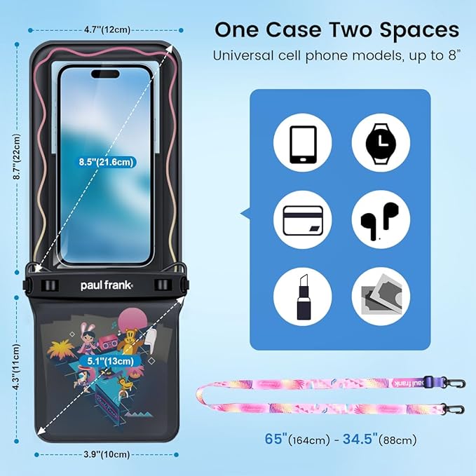 Paul Frank Floating Waterproof Phone Pouch - 2 Pack, [Up to 8.5''] Double Space IPX8 Waterproof Phone Case with Lanyard for iPhone 17 16 15 Pro Max, Cellphone Dry Bag for Beach Vacation Essentials
