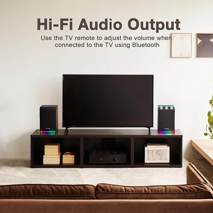 100W Powered Bluetooth Bookshelf Speakers,2.0 Wireless HiFi Speaker with Subwoofer and Led Light,Dynamic 3D Surround Sound,for Home Music,Vinyl Records, Home Theatre, Gaming,TV -Wood Grain