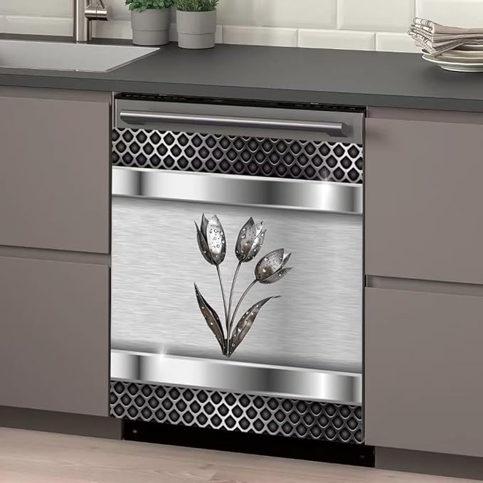 Generic Stainless Steel Dishwasher Magnet Cover Decor, Metal Floral Dishwashing Sticker Magnetic, Kitchen Fridge Door Magnet Cover Vinyl Sticker (23"" x 26"" Magnetic), Rimyy111-9