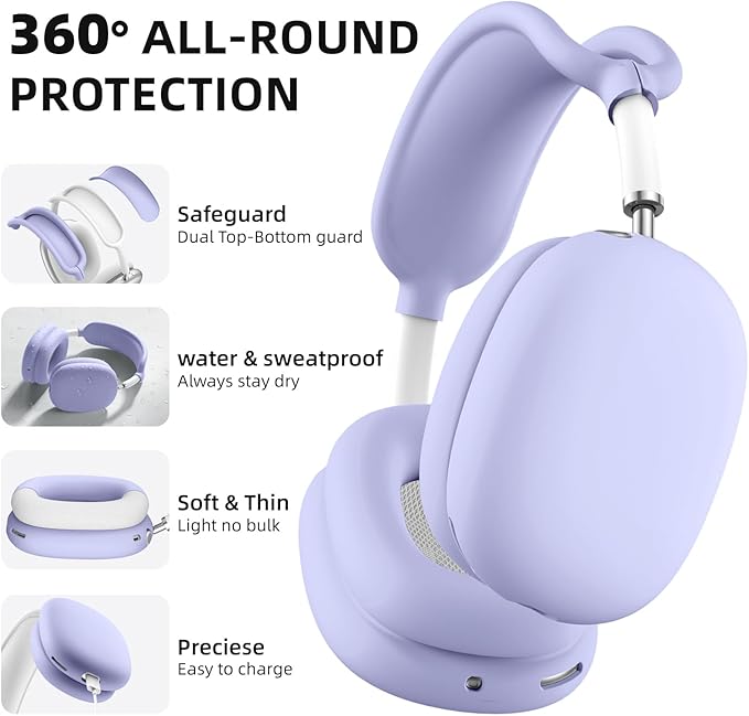 Lerobo Ear Covers for AirPods Max, Soft Silicone Earcup Case/Anti-Scratch Earpad Cover/Headband Cover, Soft Silicone Accessories Protective Cover for Apple AirPod Max 2024/2020, Lightpurple