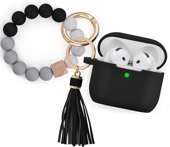 Apple AirPods 4 Case, Cute Apple AirPods 4 Case Cover for Women Girls, Silicone Protective Case with Bracelet Keychain (Black, AirPods 4 Case)
