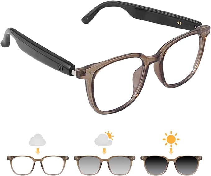 Smart Glasses for Women Men, Bluetooth Glasses with Photochromic Lenses Touch Control Voice Assistant for Clear Audio, Remote Photo, Brown Frame and Black Legs, Perfect for Indoor Outdoor